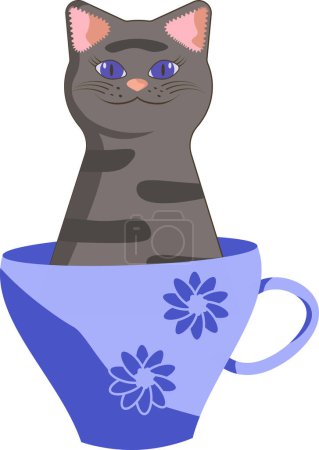 Illustration for Animalistic illustration with tabby gray cat with blue eyes in coffee cup on transparetn background - Royalty Free Image
