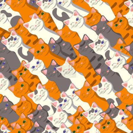 Illustration for Animalistic diagonally inclined pattern with white, ginger, gray, stripped, tabby and spotted cats vector - Royalty Free Image