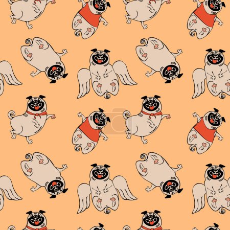 Illustration for Seamless pattern with playful pug dog puppies flat drawing on solid pink background - Royalty Free Image