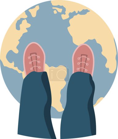 Illustration for Badge with planet Earth and human feet in sneakers drawing in flat style pale colored - Royalty Free Image