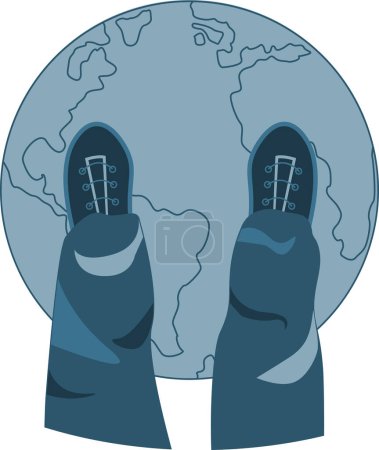 Illustration for Badge with planet Earth and human feet in sneakers drawing in flat style blue colored - Royalty Free Image