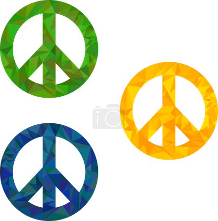 Illustration for Set of three textured colored pacific peace signs in low polygonal texture - Royalty Free Image