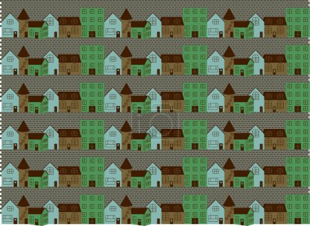Illustration for Seamless pattern with cityscape of colored houses on a pavement street vector - Royalty Free Image