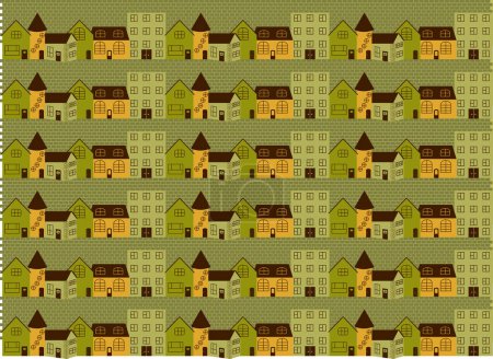 Illustration for Seamless pattern with cityscape of yellow and green colored houses on a pavement street vector - Royalty Free Image