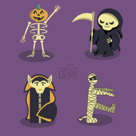 Téléchargez les illustrations : Clipart avec des personnages d'Halloween Citrouille squelette, Faucheur Grim, Dracula, Maman - en licence libre de droit