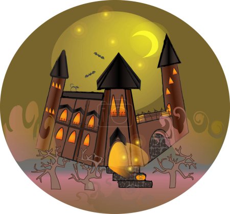 Ilustración de Insignia de Halloween con vampiros aterradores castillo y niebla espeluznante en la noche - Imagen libre de derechos