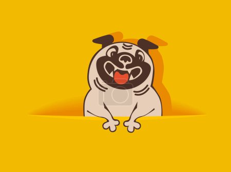 Illustration for Empty solid yellow background with hiding pug. Template for holiday postcard or greeting card vector - Royalty Free Image