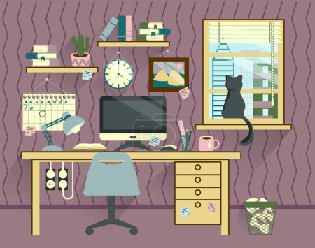 Téléchargez les illustrations : Gestionnaires espace de travail à l'intérieur de la maison ou du bureau avec de nombreux équipements de papeterie sur fond violet vecteur - en licence libre de droit