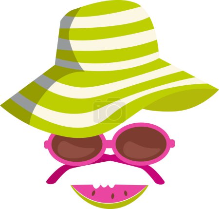 Illustration for Woman summer face. Design elements with different beach accessories sun hat, sun glasses, and slice of watermelon - Royalty Free Image