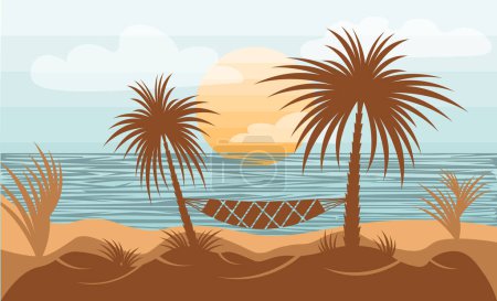 Ilustración de Paisaje de estilo silueta con playa tropical y hamaca colgada en palmeras vector - Imagen libre de derechos