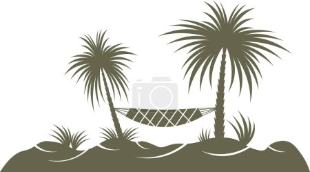 Ilustración de Silueta estilo isla tropical y hamaca colgada en palmeras con fondo transparente - Imagen libre de derechos