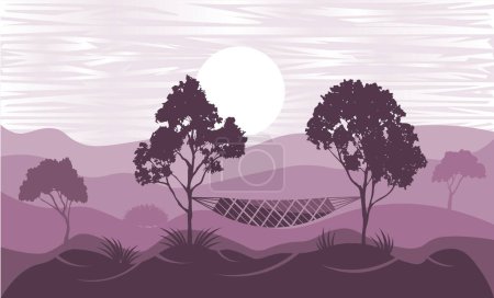 Ilustración de Silueta paisaje estilo paisaje con valle y montañas y colgado hamaca en los árboles vector - Imagen libre de derechos