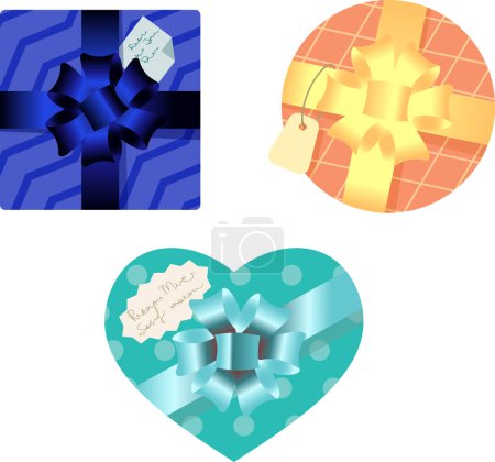 Illustration for Christmas and Birthday present boxes in shape of heart, circle, and cube with gradient bows and ribbons - Royalty Free Image