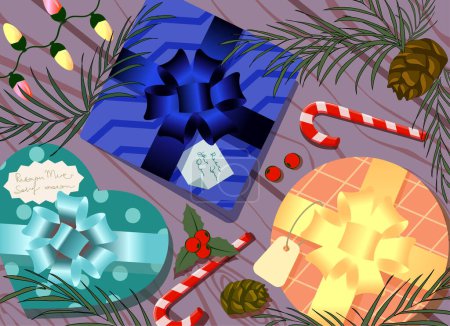 Téléchargez les illustrations : Composition de Noël avec boîtes cadeaux parmi les branches de pin et cônes guirlande lumières houx baie et canne à bonbons - en licence libre de droit