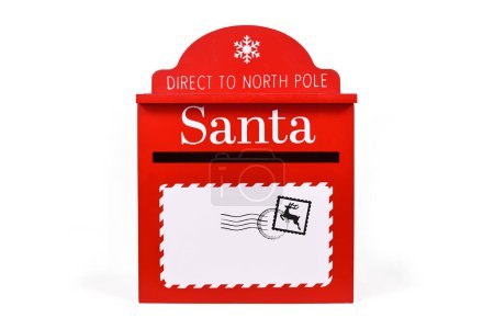 Roter Weihnachtsmann-Briefkasten für Weihnachtsgeschenke Wunschzettel auf weißem Hintergrund