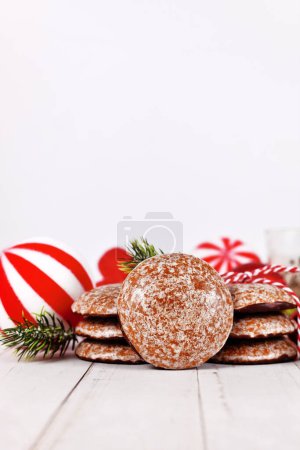Traditional German round glazed gingerbread Christmas cookie called 'Lebkuchen' with negative spac