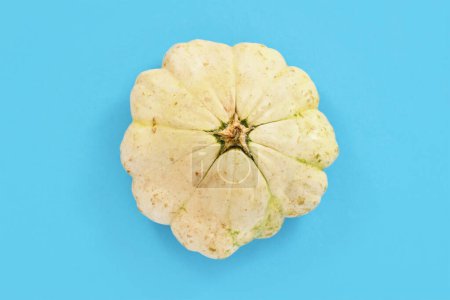 Photo for Top view of light yellow Pattypan squash with round and shallow shape and scalloped edges on blue backgroun - Royalty Free Image