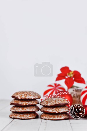 Stacks of traditional German round glazed gingerbread Christmas cookie called 'Lebkuchen