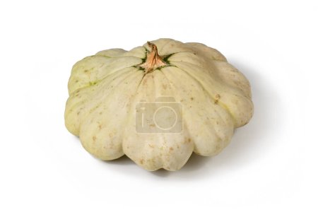 Pattypan squash with round and shallow shape and scalloped edges on white backgroun