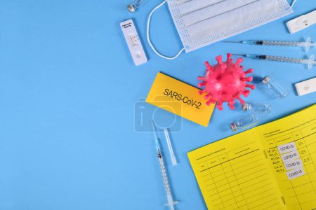 Photo for Corona Virus flatlay with vaccine passport, serums, vials and tests - Royalty Free Image