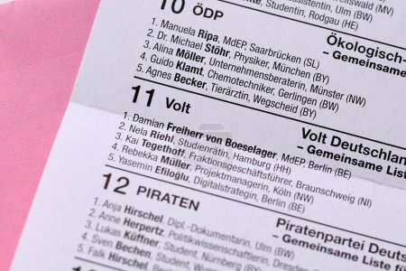 Photo for Germany - May 2024: German ballot paper for Elections to the European Parliament with close up of 'Volt' party. - Royalty Free Image