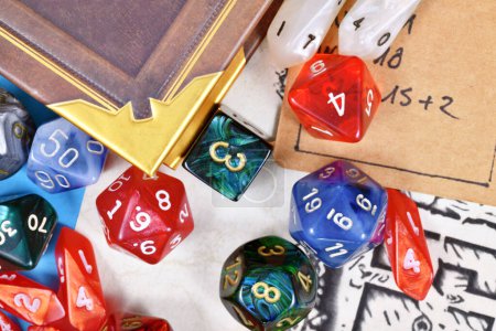 Close up of colorful tabletop role playing RPG game dice