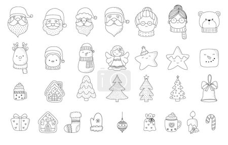 Illustration for Cute Santa claus christmas element cartoon bundle outline,hand drawn, for christmas ,kids,baby animal characters, card.vector illustration - Royalty Free Image