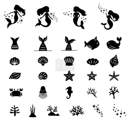 Ilustración de Silueta de sirenas, cola de sirena, conchas y animales acuáticos, estrellas de mar, corales, plantas acuáticas, cangrejos, pulpos, caballitos de mar, ilustración vectorial - Imagen libre de derechos