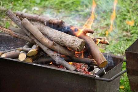 Téléchargez les photos : Brûler du bois de chauffage dans un barbecue sur de l'herbe verte. Repos, week-end, cuisinier - en image libre de droit