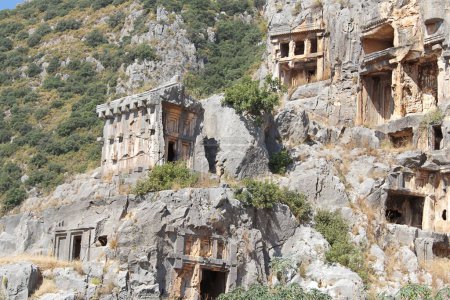 Antique Lycian rock tombs with graves. Historical ancient place in Demre (Mira) Turkey