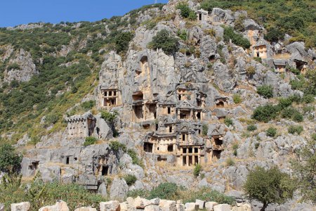 Antic lycian rock tombs of Turkey graves in the stones. Historical ancient place at Demre (Myra)
