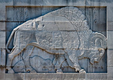 Photo for American Bison Carving Flanking Stairs of Nebraska State Capitol in Lincoln - Royalty Free Image