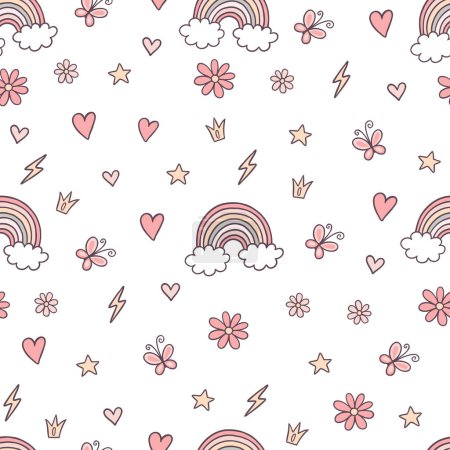 Illustration for Ornament with rainbows and butterflies for princess cartoon. Innocent childish images seamless pattern. Little kids pictures. Vector shapes on white - Royalty Free Image