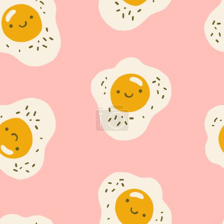 Illustration for Smiling sunny-side up eggs seamless pattern. Funny vector shapes on pink background. Backdrop with cartoon color icons for design and animations - Royalty Free Image