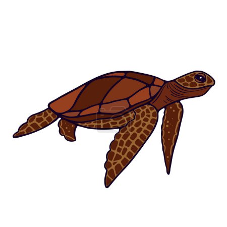 Ilustración de Linda tortuga boba marrón nadando sobre fondo blanco. Carácter vector de color plano. Personaje dibujado para caricatura náutica - Imagen libre de derechos