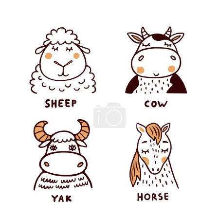 Téléchargez les illustrations : Collection d'illustrations vectorielles pour moutons, vaches, yaks et chevaux enfantins sur fond blanc. Animaux de ferme avec des noms pour les enfants apprenant - en licence libre de droit