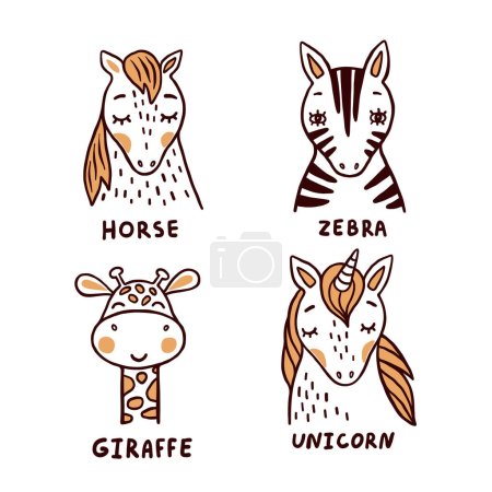 Ilustración de Caballo, cebra, jirafa y unicornio divertido vector ilustraciones colección sobre fondo blanco. Incluso animales de punta con nombres para el diseño de los niños - Imagen libre de derechos