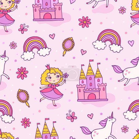 Illustration for Life of little princess abstract seamless pattern. Fairy tale vector images on pink background. - Royalty Free Image