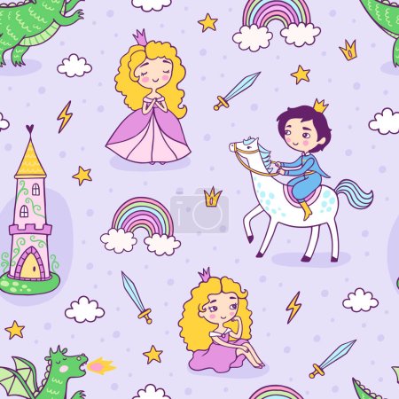 Illustration for Fairy tale about prince and princess abstract seamless pattern. Rapunzel story vector images on purple background. - Royalty Free Image