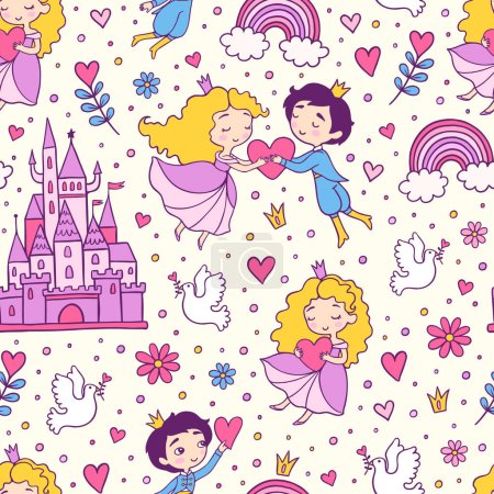 Illustration for Romantic prince and princess fairy tale abstract seamless pattern. Happy love vector images on yellow background. - Royalty Free Image