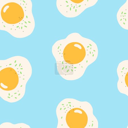 Illustration for Fried eggs with yolks and seasonings abstract seamless pattern. Vector images on light blue background. Repeatable cartoon color icons design - Royalty Free Image