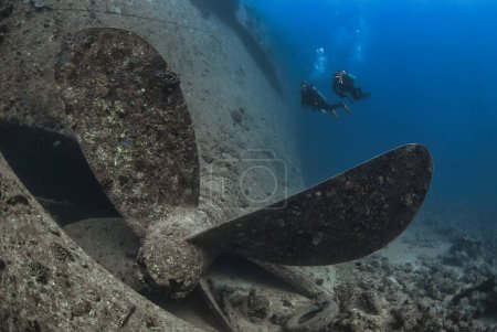 Téléchargez les photos : Deux plongeurs explorant l'hélice du Thisltlegorm une épave très célèbre dans la mer rouge - en image libre de droit