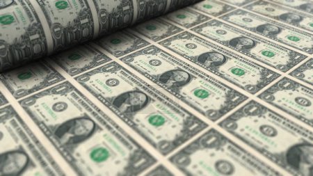 In Großaufnahme werden 1-US-Dollar-Banknoten per Gelddruckmaschine gedruckt. Prozess des amerikanischen Gelddrucks, Konzept der Finanzwirtschaft, 4k render.