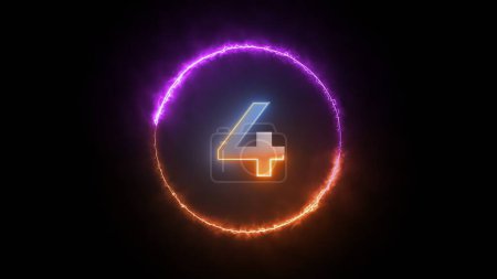 A glowing, iridescent ring of light encircles the number four, set against a black background. The ring is composed of a vibrant mix of purple and orange, creating a dynamic and mesmerizing display of energy. The number itself is a bright, reflective