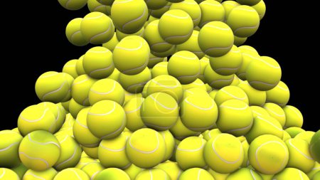 A digital image showcasing a pile of tennis balls appearing as though they are falling and cascading on a black background. The balls are all yellow with a single, white seam. The image is shot from a slightly overhead angle, giving the viewer a sens