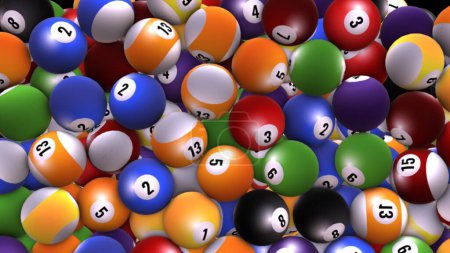 A close-up view of a chaotic heap of billiard balls, each a vibrant color and numbered, creating a dynamic and visually engaging image. The balls appear to be cascading down, creating a sense of movement and energy. The image is a colorful and playfu