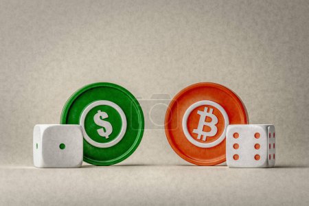 Foto de Una moneda de dólar verde junto a un dado de bajo puntaje frente a un bitcoin junto a un dado de alto puntaje. Bitcoin es más fuerte que el dólar. Crecimiento y valor del bitcoin frente al dólar. Ilustración 3D. - Imagen libre de derechos