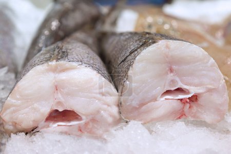 Hake on ice for sale in a fish shop