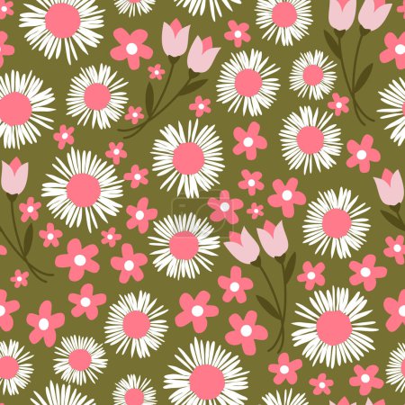 Foto de Lindo blanco y rosa flores de margarita y tulipanes patrón de vector sin costuras ilustración sobre fondo verde - Imagen libre de derechos