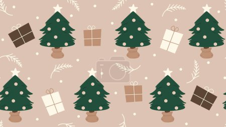 Lindo dibujado a mano navidad sin costuras vector patrón fondo ilustración con árboles de Navidad verdes, cajas de regalo, ramas de abeto y copos de nieve